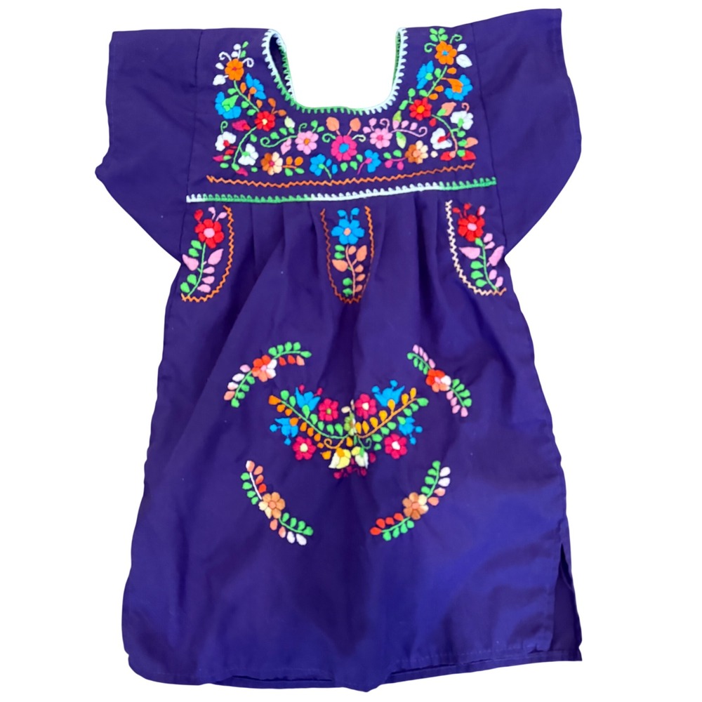 Artesanias Traditional Girls Purple Floral Embroidered Mexican Dress Cotton Sz 2